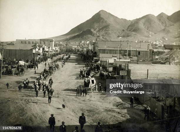 Street Scene showing the funeral of Sheriff Thomas Logan. Tonopah, Nevada, 1906. Sheriff's Funeral Procession.