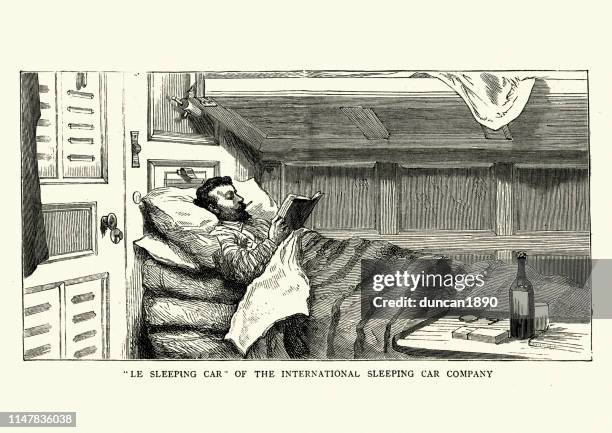 railway passenger reading a book in a sleeping car, 1886 - train car stock illustrations
