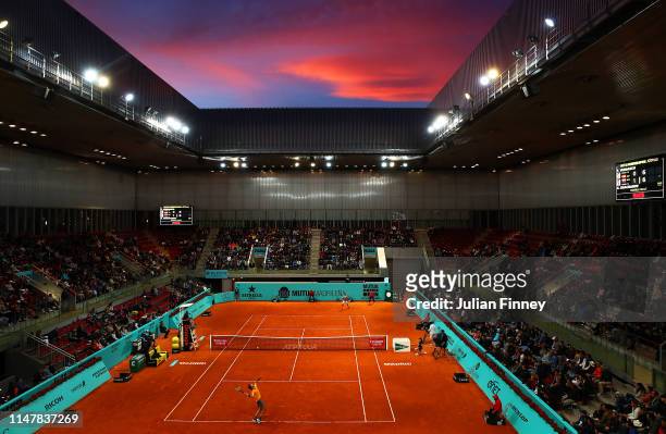 General view as Karen Khachanov of Russia serves to Fernando Verdasco of Spain during day five of the Mutua Madrid Open at La Caja Magica on May 08,...
