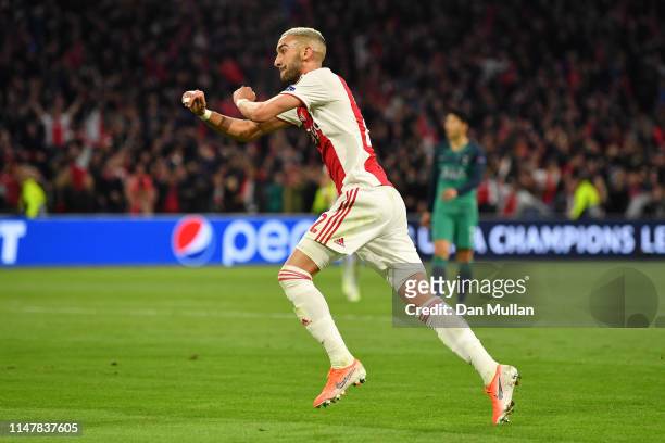 Hakim Ziyech of Ajax celebrates after scoring his team's second goal during the UEFA Champions League Semi Final second leg match between Ajax and...