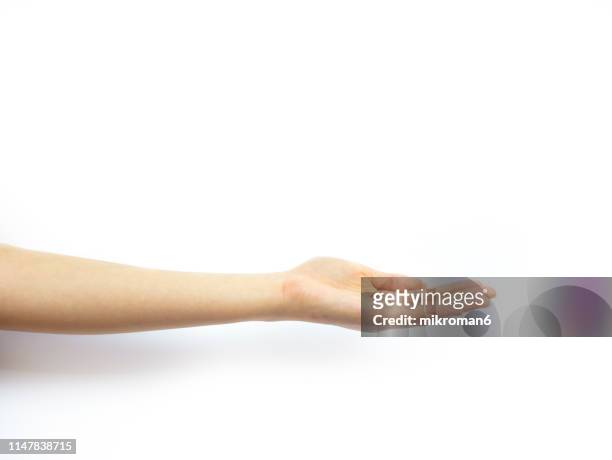 hand holding out palm straight - palmiers stockfoto's en -beelden