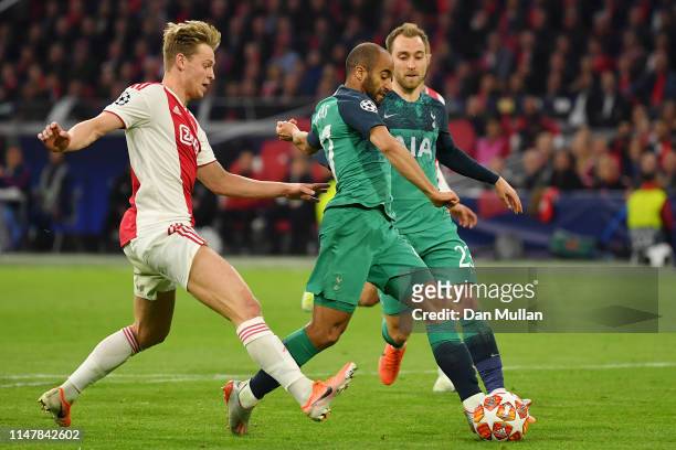 Lucas Moura of Tottenham Hotspur scores his team's first goal during the UEFA Champions League Semi Final second leg match between Ajax and Tottenham...