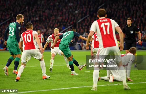 Lucas Moura of Tottenham Hotspur scores his sides second goal during the UEFA Champions League Semi Final second leg match between Ajax and Tottenham...