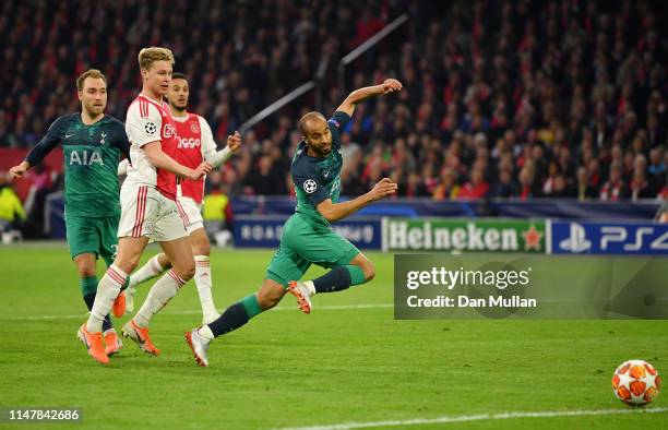 Lucas Moura of Tottenham Hotspur scores his team's first goal during the UEFA Champions League Semi Final second leg match between Ajax and Tottenham...