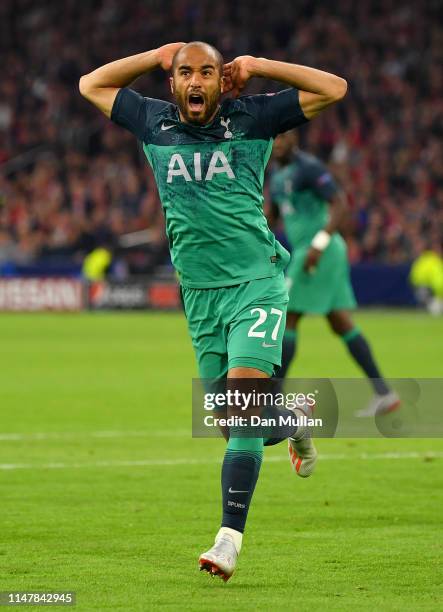 Lucas Moura of Tottenham Hotspur celebrates after scoring his team's second goal during the UEFA Champions League Semi Final second leg match between...