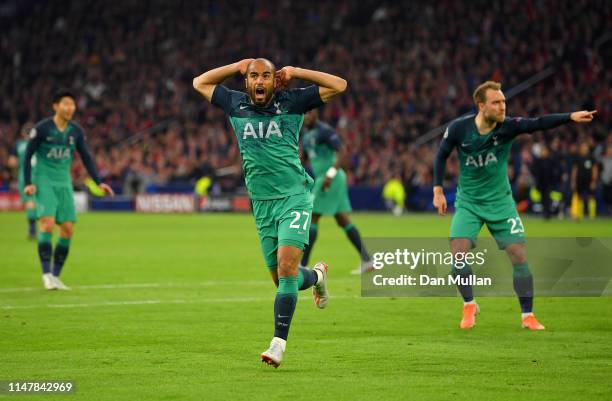 Lucas Moura of Tottenham Hotspur celebrates after scoring his team's second goal during the UEFA Champions League Semi Final second leg match between...