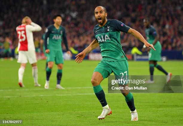 Lucas Moura of Tottenham Hotspur celebrates after scoring his team's second goal during the UEFA Champions League Semi Final second leg match between...