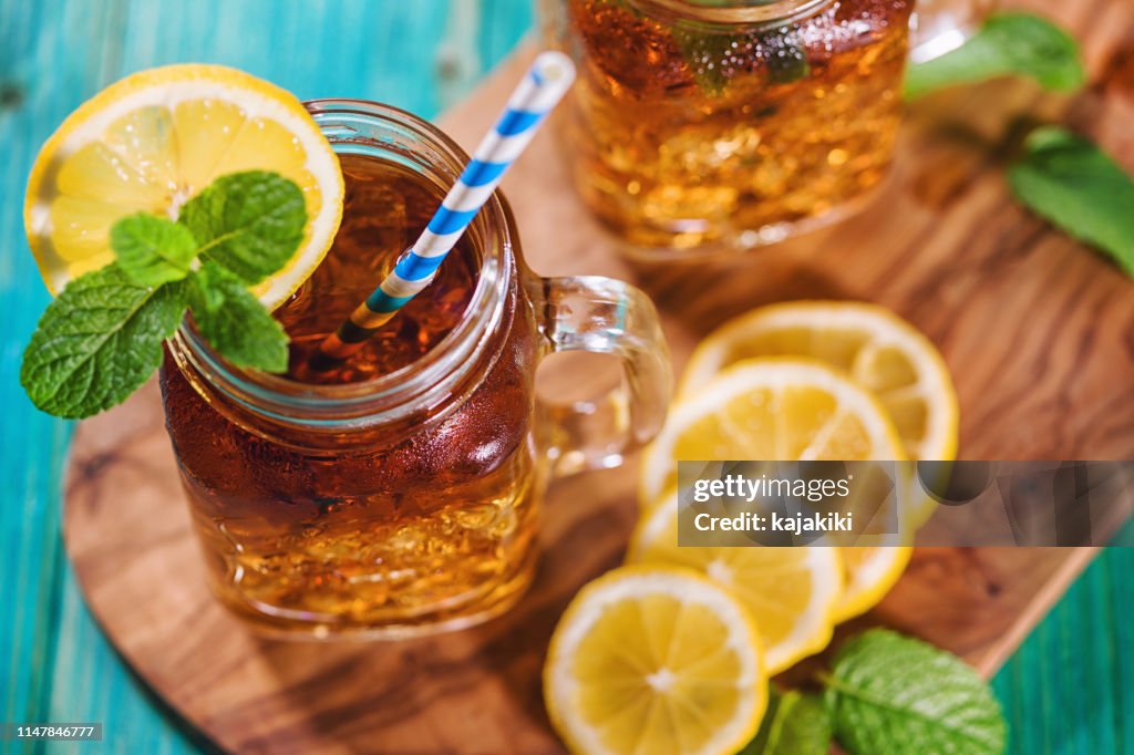 Ice Tea with Lemon and Mint in a Jar