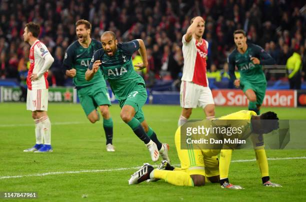 Lucas Moura of Tottenham Hotspur celebrates after scoring his team's third goal as Andre Onana of Ajax reacts during the UEFA Champions League Semi...