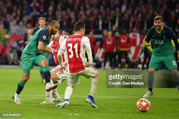 Lucas Moura of Tottenham Hotspur scores his hatrick and his sides third goal during the UEFA Champions League Semi Final second leg match between...