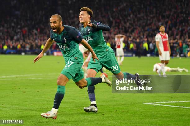 Lucas Moura of Tottenham Hotspur celebrates after scoring his team's third goal with Dele Alli of Tottenham Hotspur during the UEFA Champions League...
