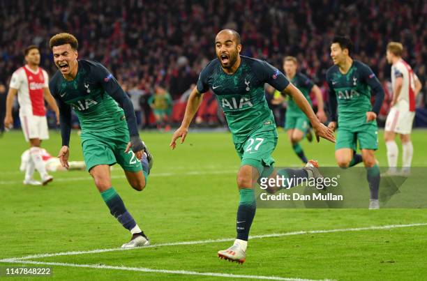 Lucas Moura of Tottenham Hotspur celebrates after scoring his team's third goal with Dele Alli of Tottenham Hotspur during the UEFA Champions League...