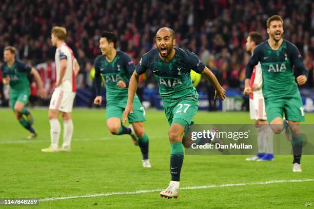 Lucas Moura of Tottenham Hotspur celebrates after scoring his team's third goal during the UEFA Champions League Semi Final second leg match between...