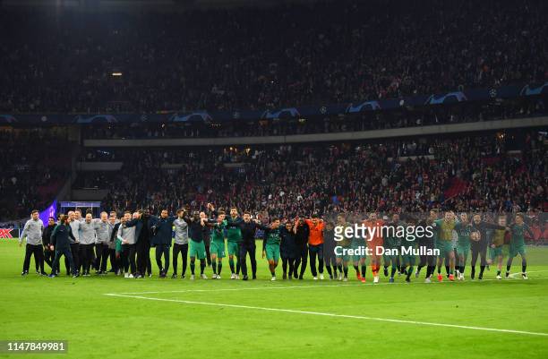 The Tottenham Hotspur team celebrate victory after the UEFA Champions League Semi Final second leg match between Ajax and Tottenham Hotspur at the...