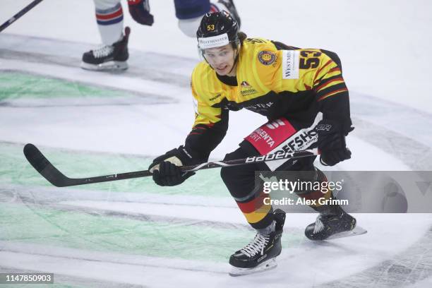 Moritz Seider of Germany during the international friendly game between Germany and USA ahead of the 2019 IIHF Ice Hockey World Championship at SAP...