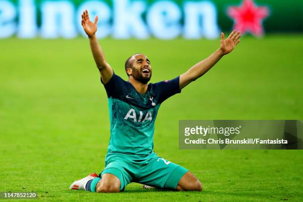 Lucas Moura of Tottenham Hotspur celebrates his sides win after the UEFA Champions League Semi Final second leg match between Ajax and Tottenham...
