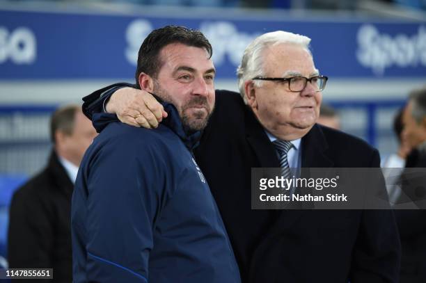 David Unsworth manager of Everton u23s is hugged by Chairman Bill Kenwright after the Premier League Cup Final match between Everton and Newcastle...