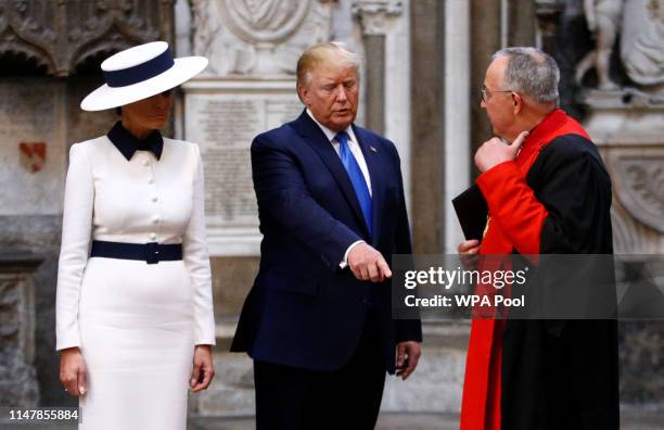 President Donald Trump and First Lady Melania Trump are shown around Westminster Abbey by the Dean of Westminster, John Hall on June 3, 2019 in...