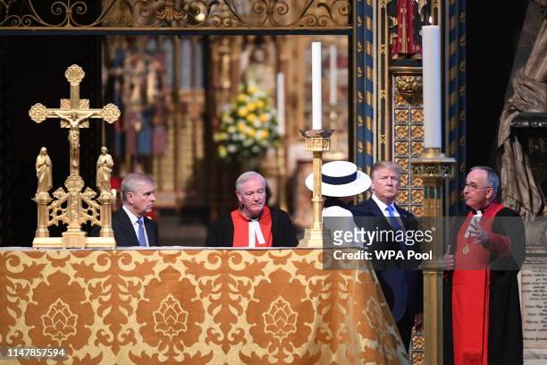 President Donald Trump, accompanied First Lady Melania Trump and Prince Andrew, Duke of York, during a visit to Westminster Abbey on June 03, 2019 in...