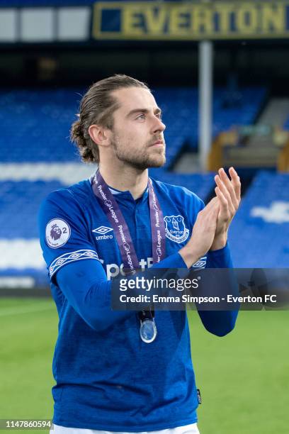 Antony Evans of Everton applauds the fans after Premier League Cup win over Newcastle United at Goodison Park on May 08, 2019 in Liverpool, England.