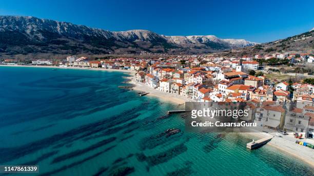 aerial view of coastline town of baska, krk island , croatia - croatia stock pictures, royalty-free photos & images