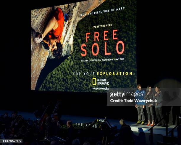Alex Honnold, Chai Vasarhelyi and Jimmy Chin attend National Geographics Contenders Showcase, at The Greek Theatre, a one-of-a-kind outdoor...