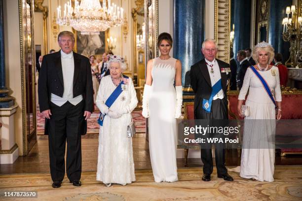 President Donald Trump, Queen Elizabeth II, First Lady Melania Trump, Prince Charles Prince of Wales and Camilla Duchess of Cornwall attend a State...