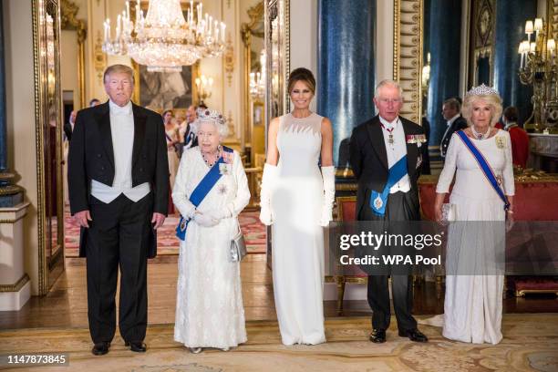 President Donald Trump, Queen Elizabeth II, First Lady Melania Trump, Prince Charles Prince of Wales and Camilla Duchess of Cornwall attend a State...