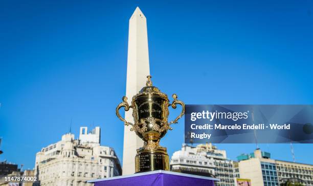 The Webb Ellis Cup is displayed at the Obelisk during day two of the Rugby World Cup 2019 Trophy Tour on June 3, 2019 in Buenos Aires, Distrito...