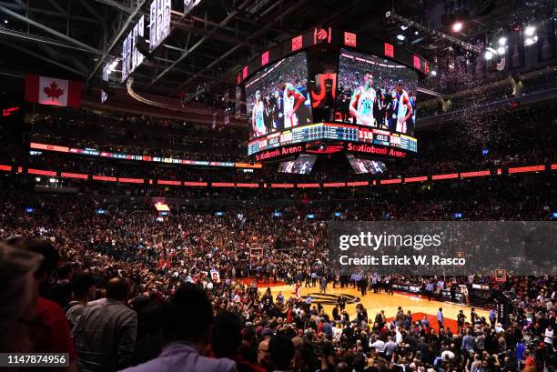 Finals: View of Scotia Bank Arena after Toronto Raptors vs Golden State Warriors game. Game 1. Raptors win as confetti comes down. Toronto, Canada...