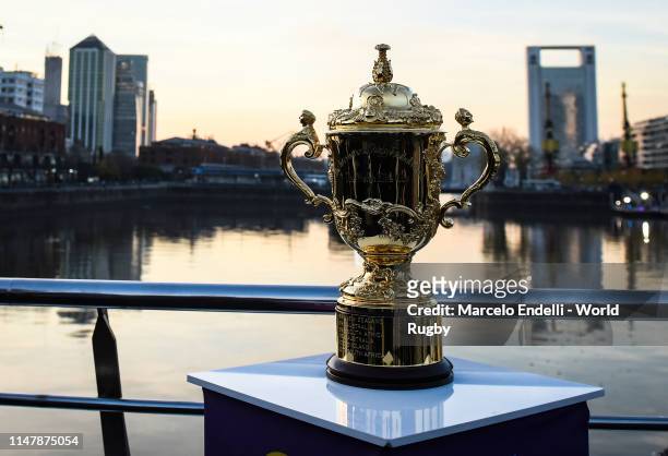 The Webb Ellis Cup is on display at the Women's Bridge in Buenos Aires during day two of the Rugby World Cup 2019 Trophy Tour on June 3, 2019 in...