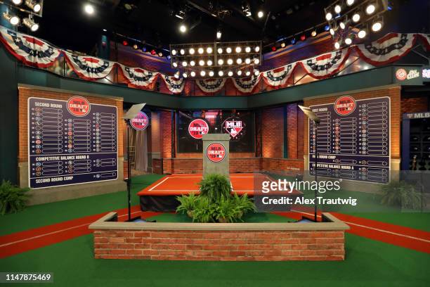 General view of the podium and the draft board prior to the 2019 Major League Baseball Draft at Studio 42 at the MLB Network on Monday, June 3, 2019...