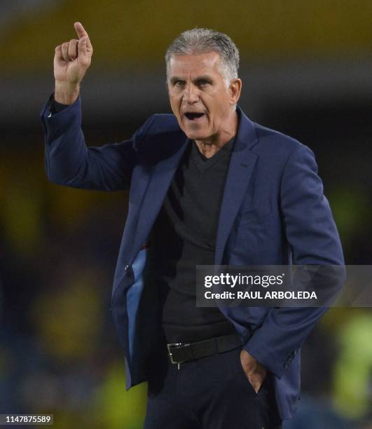 Colombia's coach Carlos Queiroz reacts during the international friendly football match against Panama, at the Nemesio Camacho El Campin stadium in...