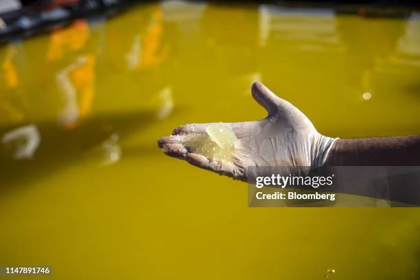 Visitors holds lithium concentrate for a photograph at a Sociedad Química y Minera de Chile lithium mine on the Atacama salt flat in the Atacama...