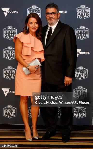 June 04: Andrew Demetriou and Symone Demetriou arrive at the 2019 Australian Football Hall of Fame Dinner at Crown Palladium on June 04, 2019 in...