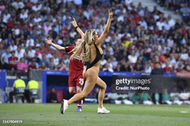 Women streaker Kinsey Wolanski during the 2019 UEFA Champions League Final match between Tottenham Hotspur and Liverpool at Wanda Metropolitano...