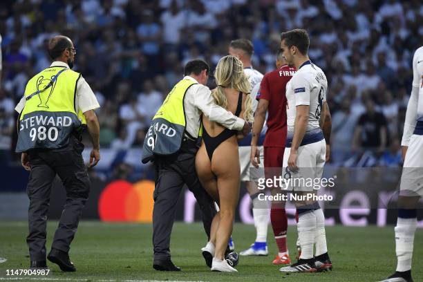 Women streaker Kinsey Wolanski during the 2019 UEFA Champions League Final match between Tottenham Hotspur and Liverpool at Wanda Metropolitano...