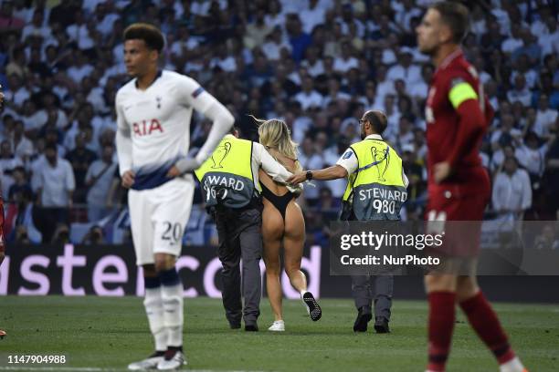 Women streaker Kinsey Wolanski during the 2019 UEFA Champions League Final match between Tottenham Hotspur and Liverpool at Wanda Metropolitano...