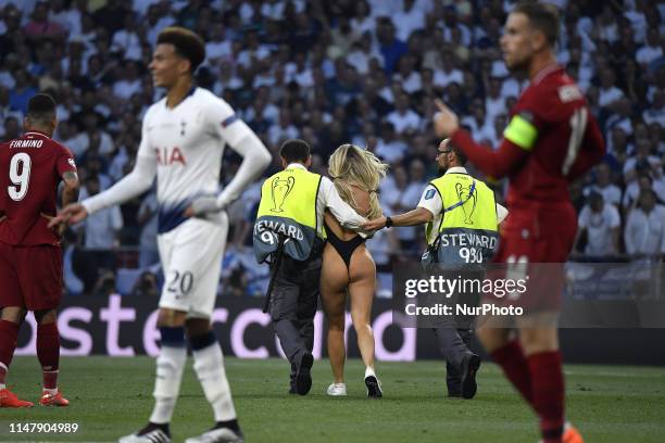 Women streaker Kinsey Wolanski during the 2019 UEFA Champions League Final match between Tottenham Hotspur and Liverpool at Wanda Metropolitano...