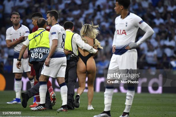 Women streaker Kinsey Wolanski during the 2019 UEFA Champions League Final match between Tottenham Hotspur and Liverpool at Wanda Metropolitano...