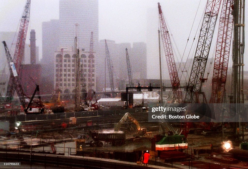 Big Dig Signs Big Dig Cranes against Boston's Financial District from the Broadway ...