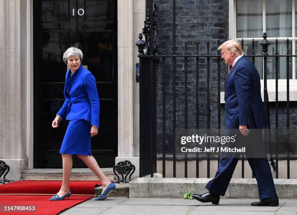 Prime Minister Theresa May welcomes US President Donald Trump to 10 Downing Street, during the second day of his State Visit on June 4, 2019 in...