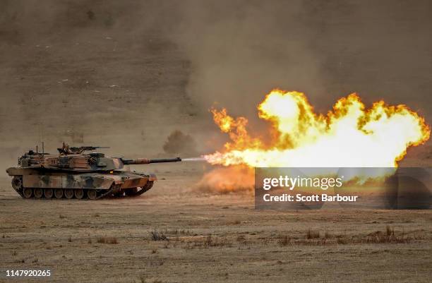 Abrams main battle tank fires during Exercise Chong Ju at the Puckapunyal Military Area on May 09, 2019 in Seymour, Australia. Exercise Chong Ju is...