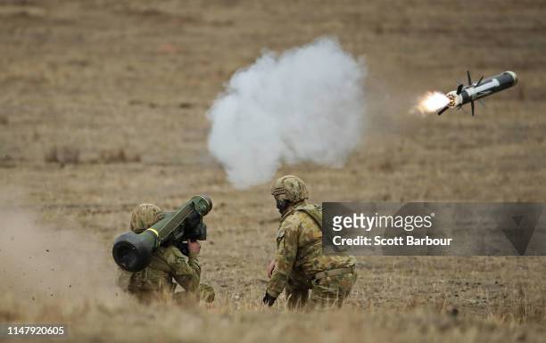 Australian Army soldiers fire a Javelin anti-tank missile during Exercise Chong Ju at the Puckapunyal Military Area on May 09, 2019 in Seymour,...