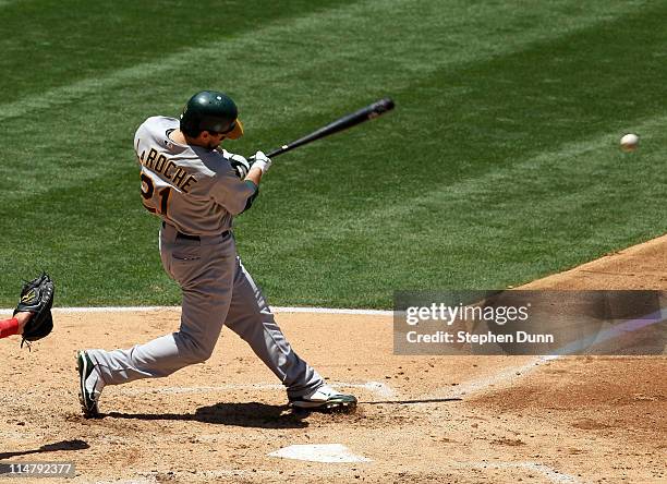 Andy LaRoche of the Oakland Athletics hits a two RBI double in the fourth inning against the Los Angeles Angels of Anaheim on May 26, 2011 at Angel...