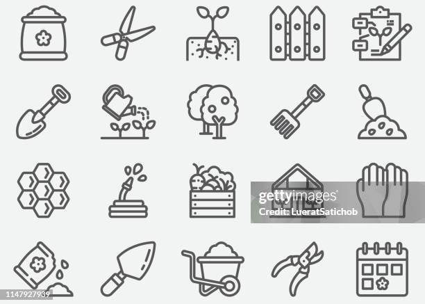 ilustraciones, imágenes clip art, dibujos animados e iconos de stock de iconos de línea de jardinería - horca artículos de jardín