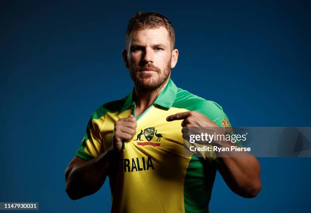 Aaron Finch of Australia poses during an Australia ICC One Day World Cup Portrait Session on May 07, 2019 in Brisbane, Australia.