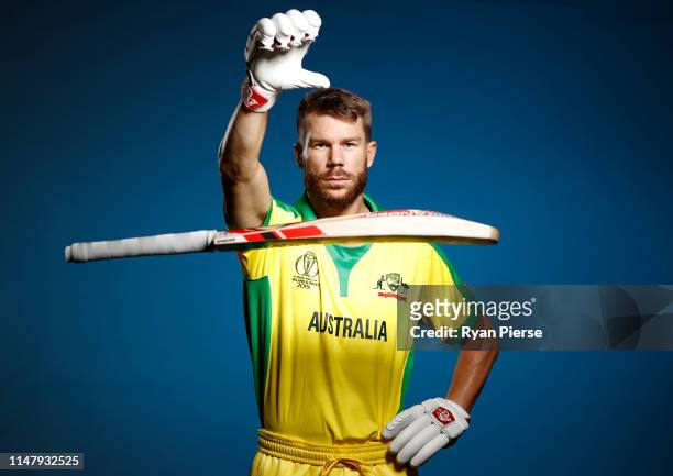 David Warner of Australia poses during an Australia ICC One Day World Cup Portrait Session on May 07, 2019 in Brisbane, Australia.