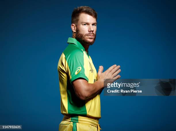 David Warner of Australia poses during an Australia ICC One Day World Cup Portrait Session on May 07, 2019 in Brisbane, Australia.