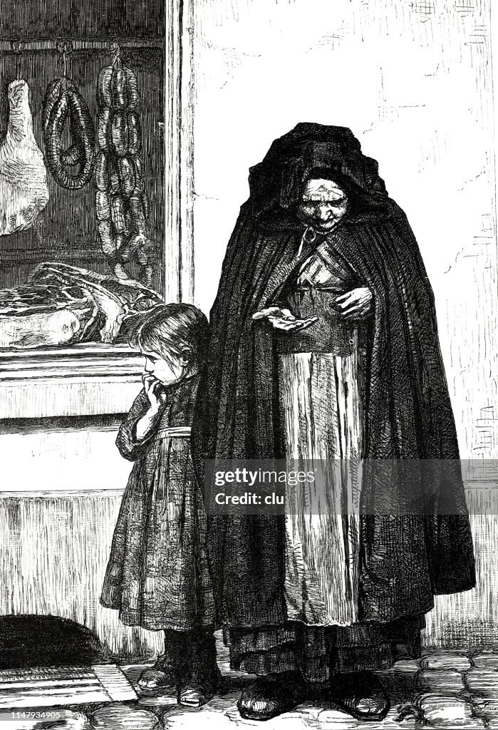 Mother with child in front of the butcher's shop, counting money